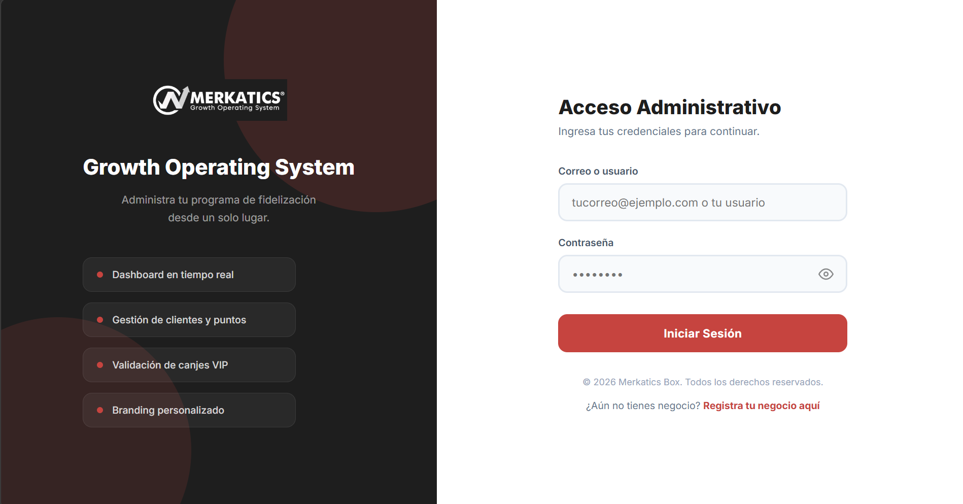 Acceso al panel administrativo de Merkatics Box con dashboard en tiempo real y gestión de clientes