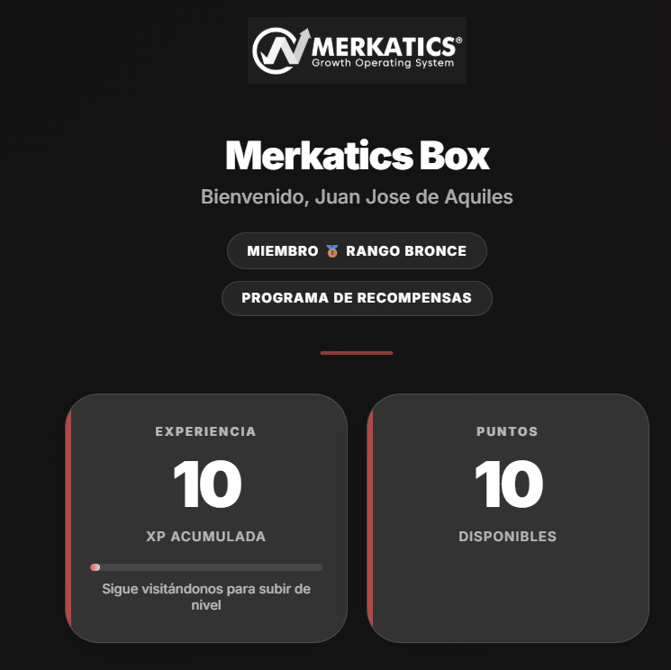Wallet digital del cliente en Merkatics Box mostrando rango bronce, experiencia acumulada y puntos disponibles